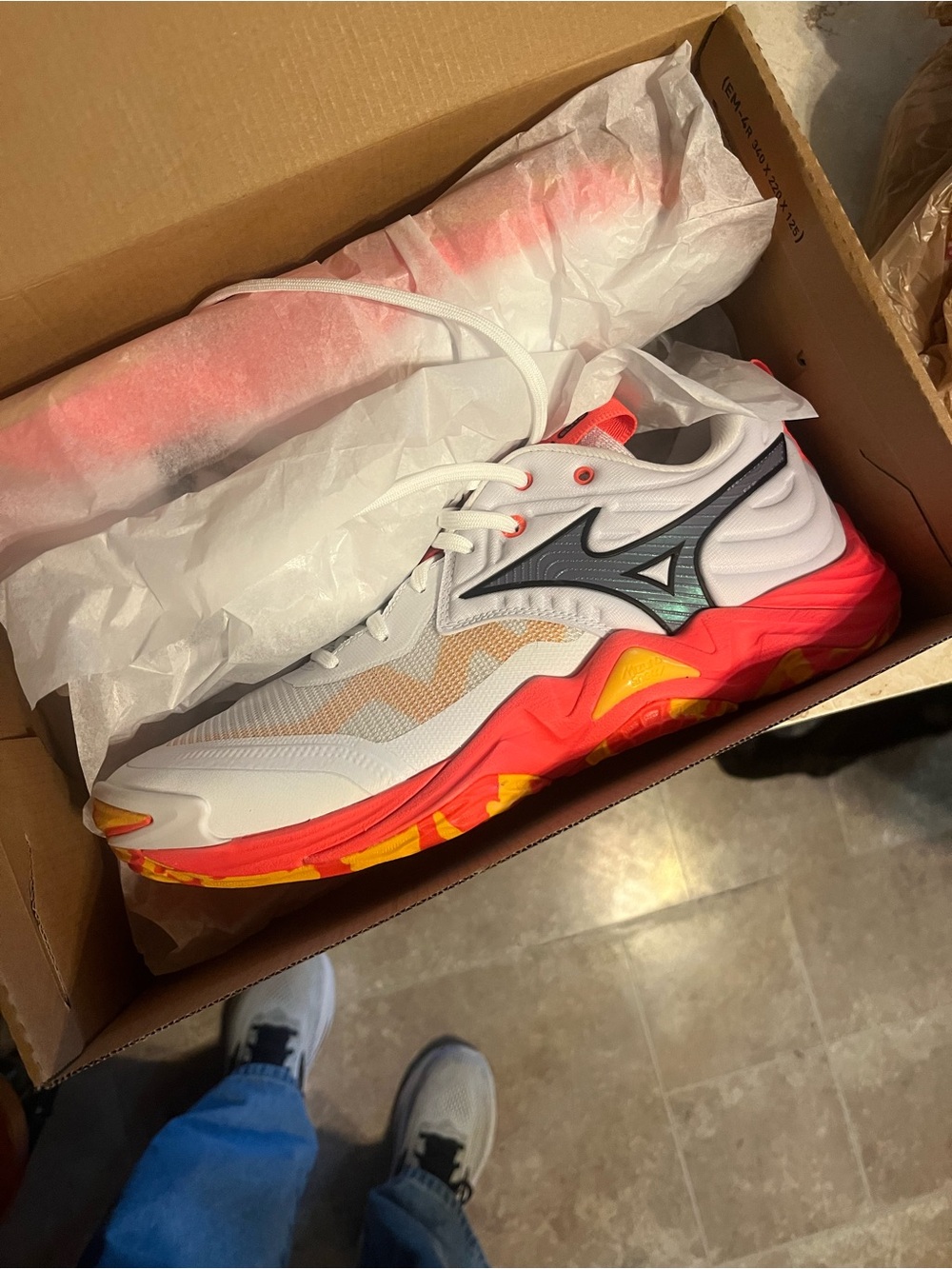Mizuno Women's White Athletic Shoes with Pink and Yellow Accent Sole
